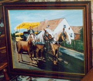 "Pferdekutsche mit Fohlen" Öl auf Leinwand