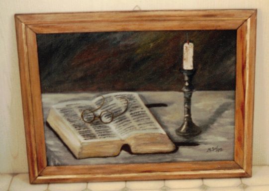 Stillleben, "Die Bibel" Öl auf Hartfaser