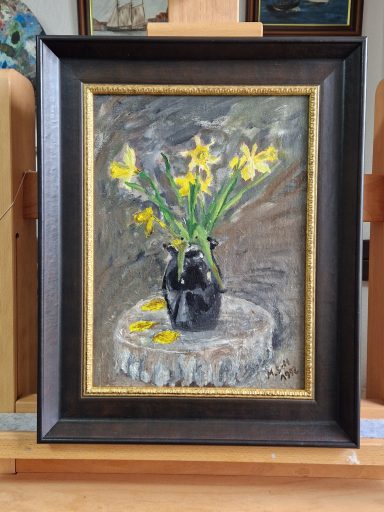Blumenstillleben, "Osterglocken" Öl auf Hartfaser